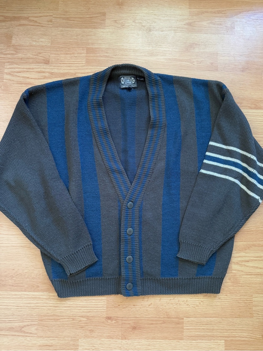 Vintage 90s Point Zero Striped Grandpa Cardigan Sweater Oversized Knit XL Korea